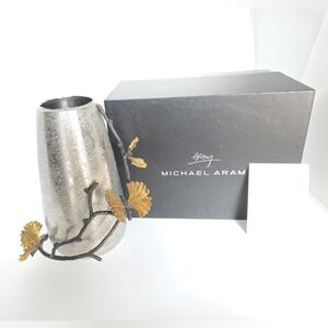 Brand New Michael Aram Steel Brass Gingko Butterfly Orchid Vase 8.25in Tall